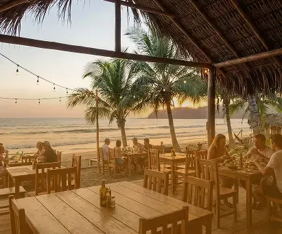 Open-air beach restaurant with string lights in Playa Venao